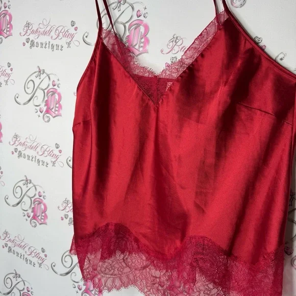Victoria secret tank top lacie shimmer shiny silky Red Satin Lace Trim Cami Top - Picture 10 of 10